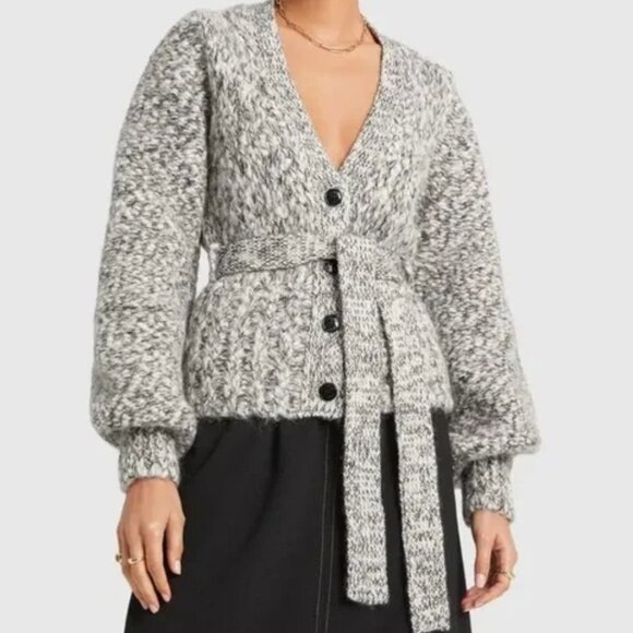 GANNI BELTED MELANGE WOOL CARDIGAN SIZE SMALL PRELOVED - Picture 2 of 3